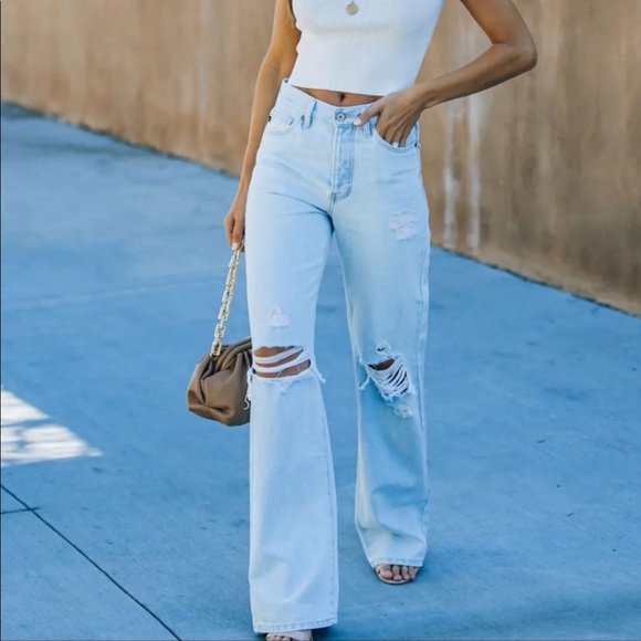 HIGH WAIST 90’s Style Light Wash Wide Leg Distressed Ripped Flare Denim Jeans - Picture 7 of 10